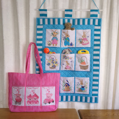 Bundle Darling Bunnies Wall Hanging and Blue or Pink Teddies Bag