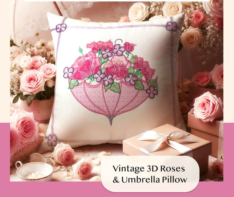 Vintage 3D Roses & Umbrella Pillow